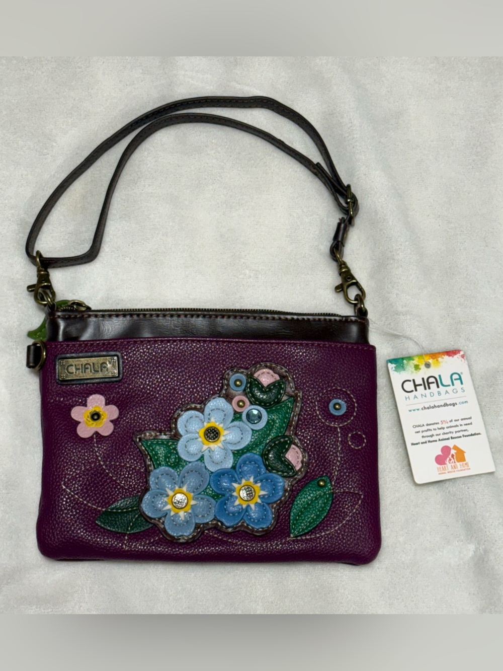 Chala Purple Floral Appliqué Crossbody Bag with Blue Accents